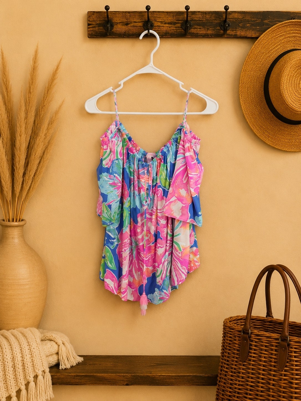 Lilly Pulitzer Pink, Blue & Green Floral Ruffle Cami Top